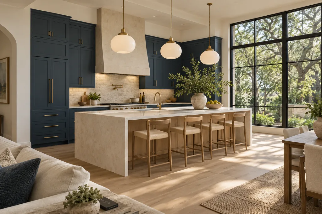 Illustrative kitchen concept with navy cabinetry and a sunlit island