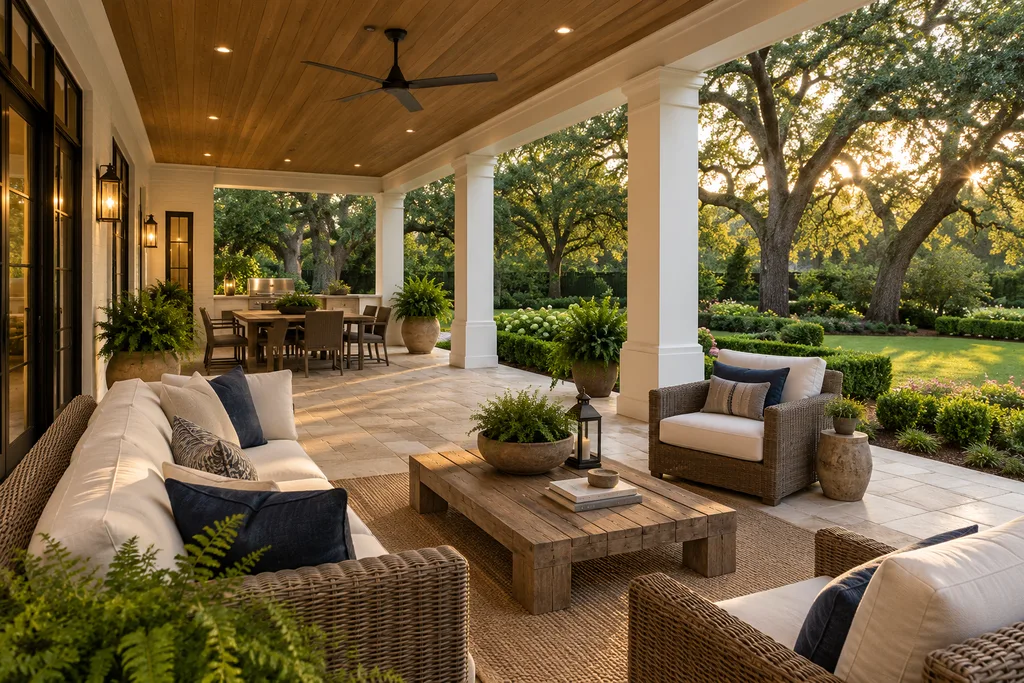 Illustrative porch with inviting seating and garden views